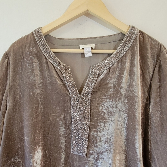 Chico's Velvet Dream Monica Top Sz 2 Gray 3/4 Sleeve Sequin Split-Neck Party - Picture 3 of 12